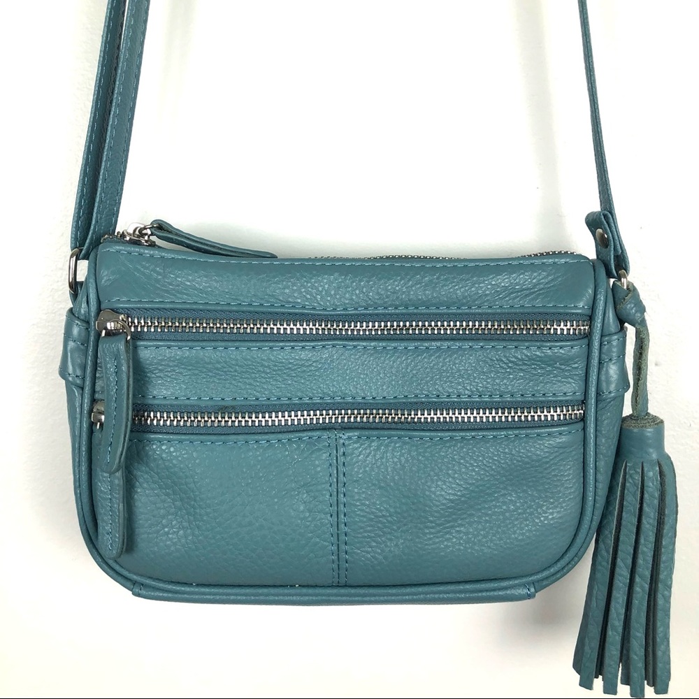 Genuine Leather Light Blue Crossbody Pockets Fringe Tassel 8.5x5.25x2.5 in.